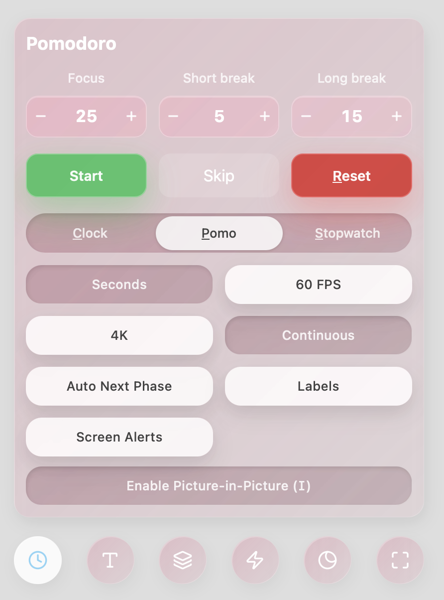 Pomodoro settings and features